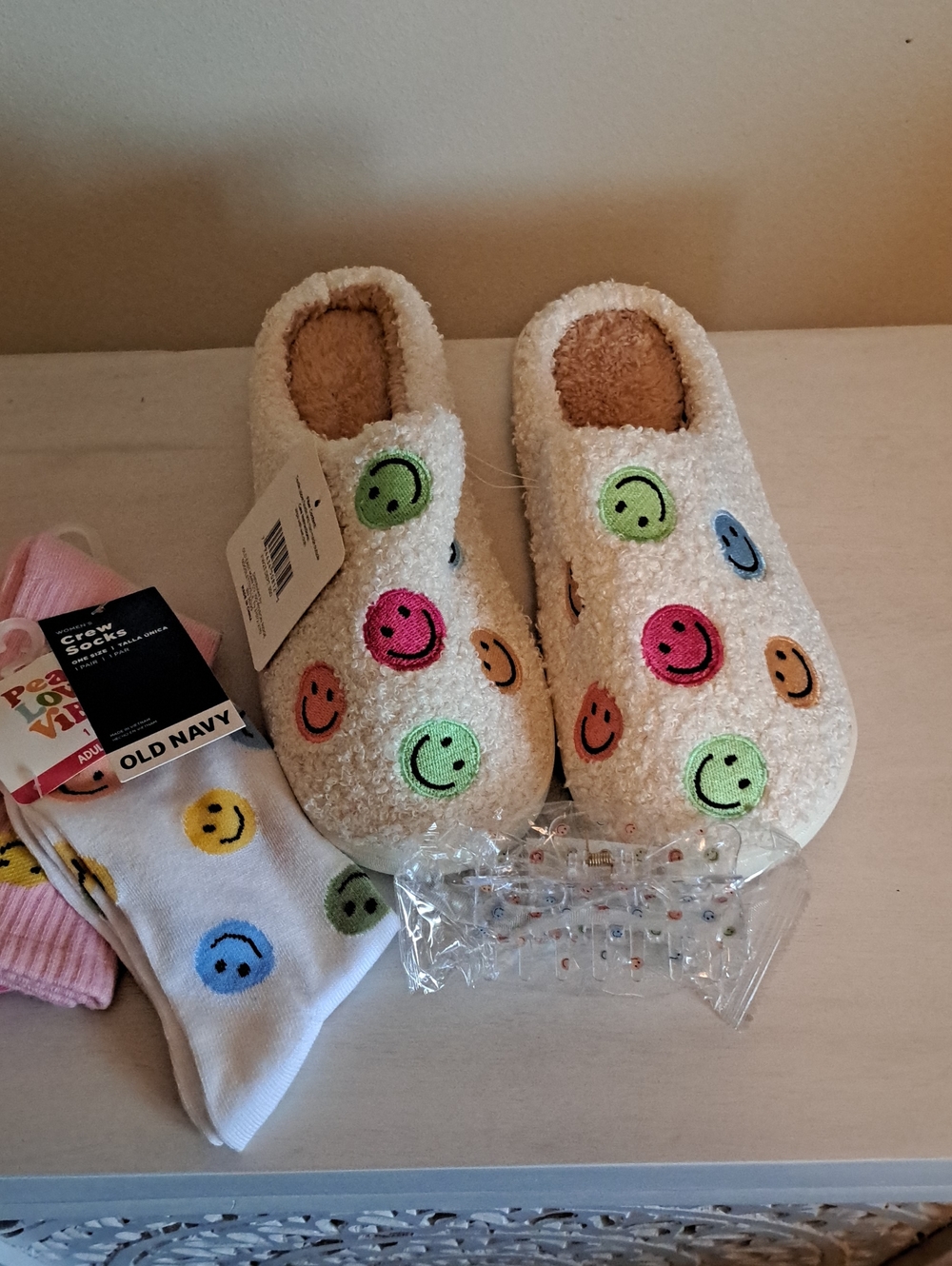Cozy Cream Smiley-Sole Slip-On Slippers